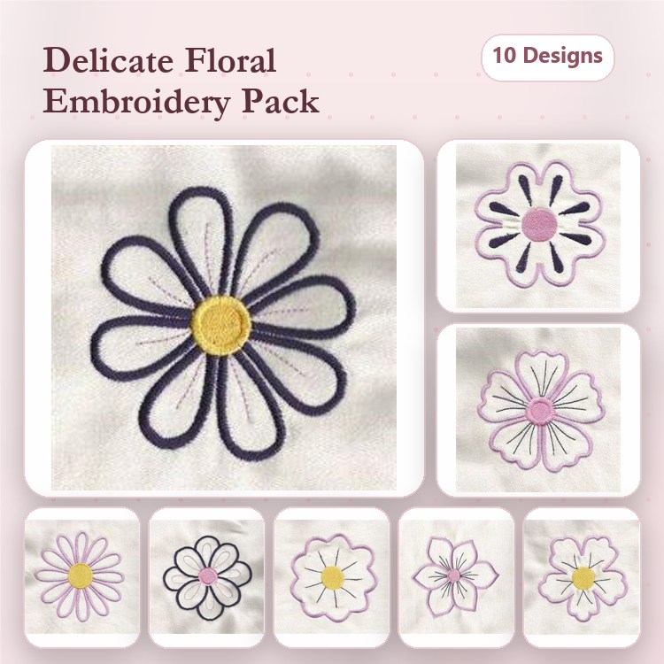 Delicate Floral Embroidery Bundle – Daisy Outline, Simple Floral, Delicate Blossom & More (10 Designs)
