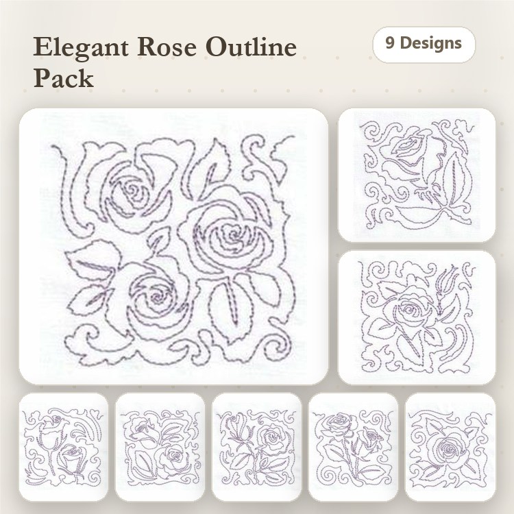 Redwork Elegant Rose Embroidery Designs Bundle – Rose Bouquet, Single Rose, Curly Rose & More (9 Designs)