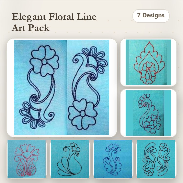 Redwork Floral Embroidery Bundle – Floral Swirl with Flowers, Elegant Flower Design, Curved Floral Vine & More (7 Designs)