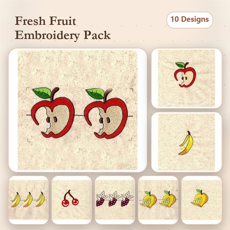 Fruit Embroidery Bundle – Red Apple with Leaf, Banana, Cherry, Grapes & More (10 Designs)
