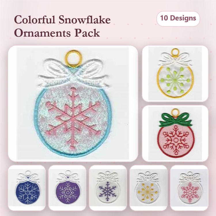 FSL Colorful Snowflake Ornaments Embroidery Designs Bundle – Blue & Red Outlined, Green Bow, Purple & More (10 Designs)