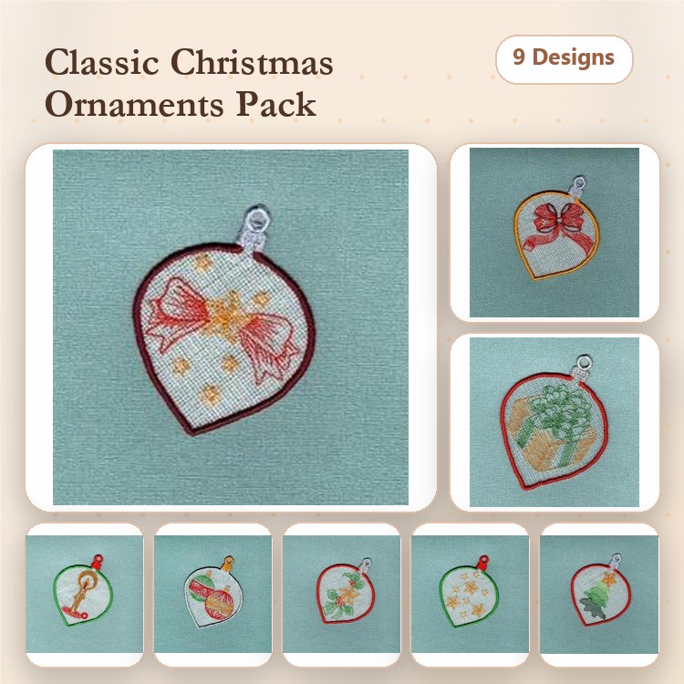 FSL Christmas Ornament Embroidery Designs Bundle – Christmas Tree, Star, Ornament with Bow & More (9 Designs)