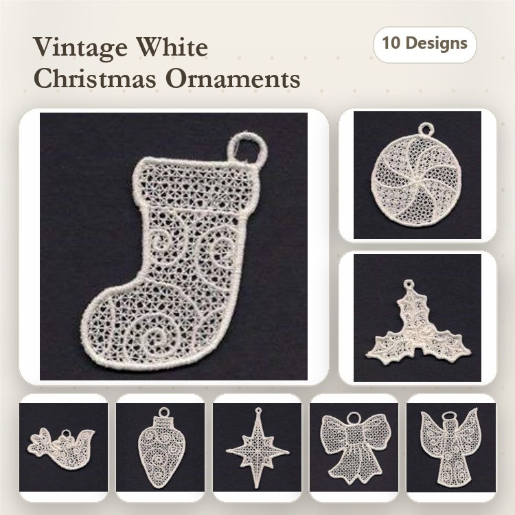 FSL Vintage White Christmas Ornament Embroidery Designs Bundle – Stocking, Holly, Angel & More (10 Designs)