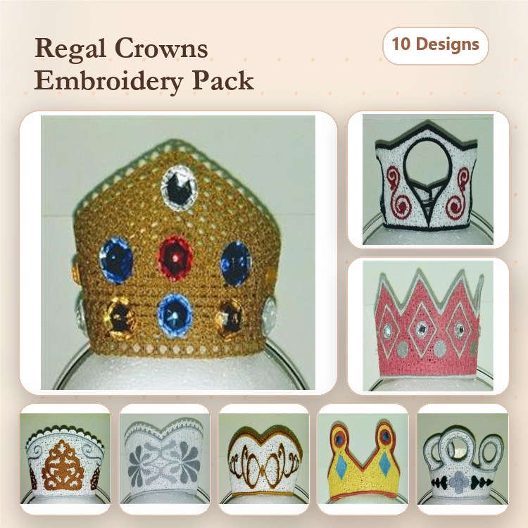 FSL Regal Crown Embroidery Bundle – Gold Crown with Jewels, Pink Crown with Patterns, Black and White Crown & More (10 Designs)