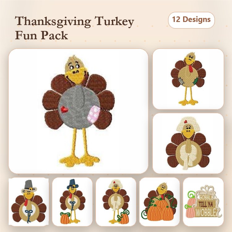 Thanksgiving Turkey Embroidery Designs Bundle – Turkey with Pilgrim Hat, Pumpkin, Harvest Basket & More (12 Designs)
