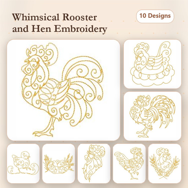Redwork Farm Animal Embroidery Bundle – Whimsical Rooster, Whimsical Hen, Curly Hen & More (10 Designs)