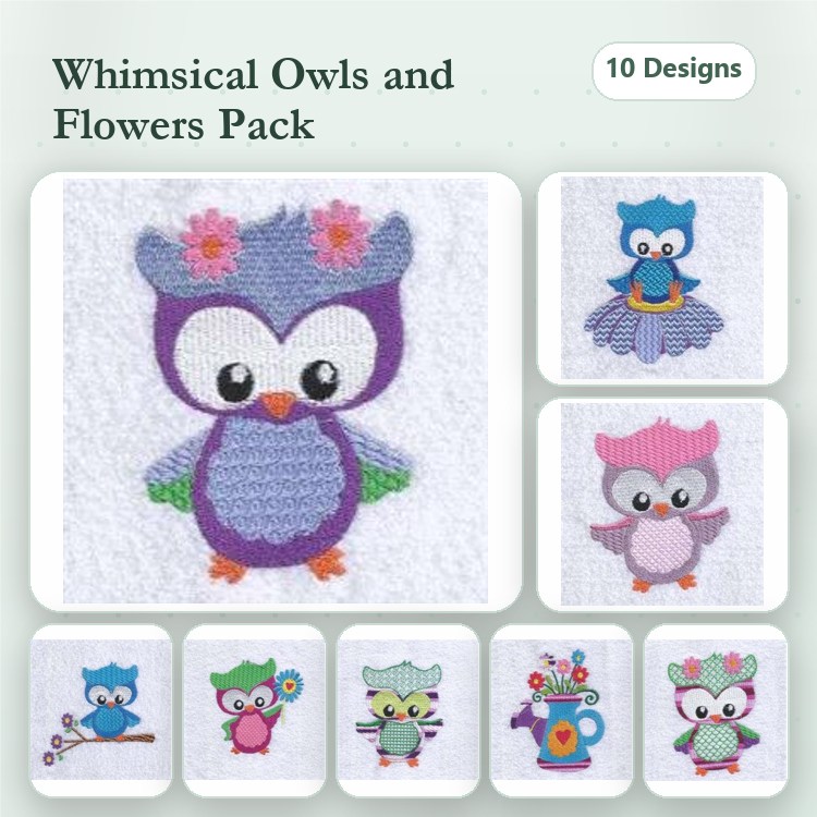 Owl Embroidery Designs Bundle – Purple Owl with Flowers, Owl in a Flower Pot, Owl with Flower Crown & More (10 Designs)