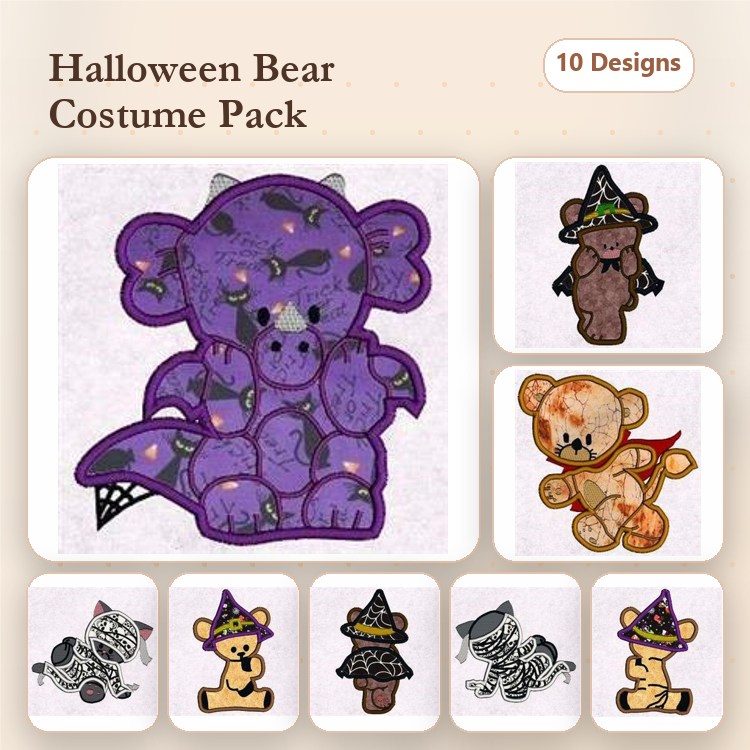 Applique Halloween Bear Embroidery Bundle – Purple Bear, Pumpkin Bear, Witch Bear & More (10 Designs)
