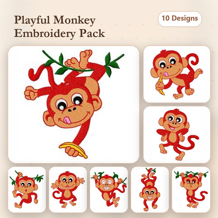 Monkey Embroidery Designs Bundle – Hanging Monkey with Banana, Monkey Swinging from Branch, & More (10 Designs)