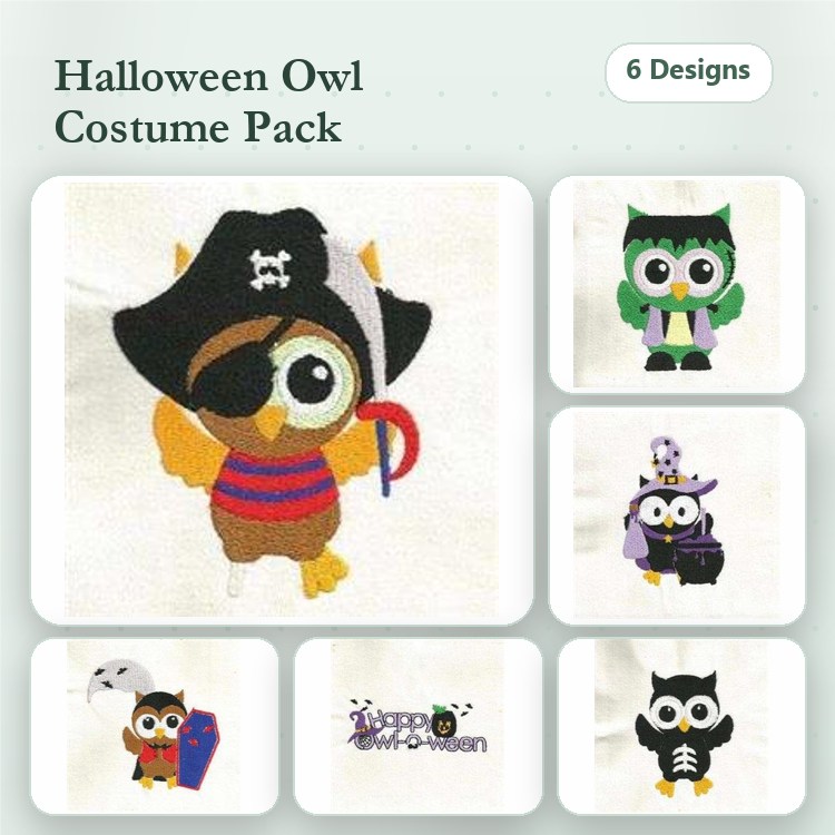 Halloween Owls Embroidery Bundle – Pirate Owl, Batman Owl, Skeleton Owl & More (6 Designs)