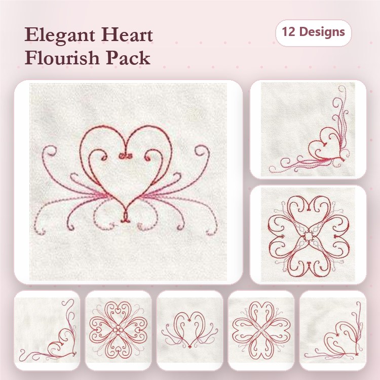 Redwork Elegant Heart Embroidery Designs Bundle – Heart Flourish, Floral Heart, Corner Heart Flourish & More (12 Designs)