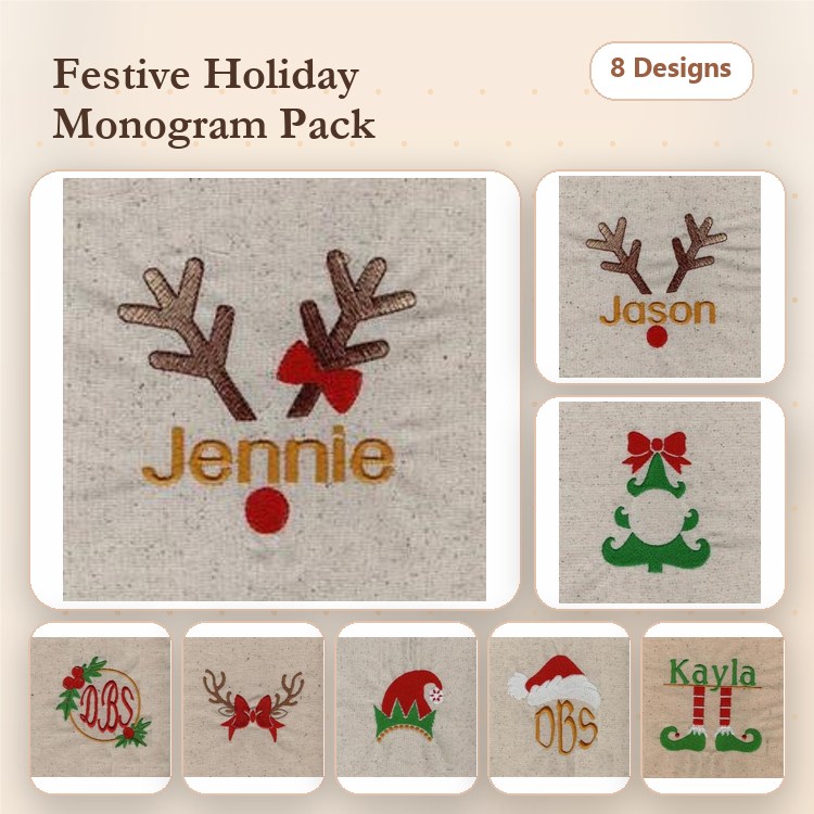 Festive Holiday Monograms Embroidery Bundle – Reindeer Antlers, Santa Hat, Christmas Tree & More (8 Designs)