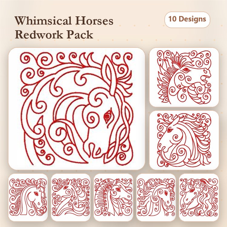 Redwork Whimsical Horse Embroidery Designs Bundle – Horse Head with Swirls, Elegant Horse Profile, & More (10 Designs)