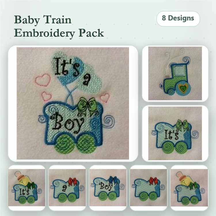 Baby Train Embroidery Designs Bundle – Train with Hearts, It's a Boy Train, Train with Balloons & More (8 Designs)