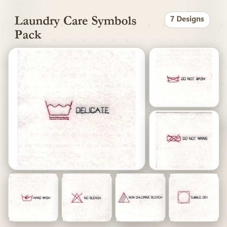 Redwork Laundry Care Symbols Embroidery Designs Bundle – Washing Instructions, No Bleach, Delicate Care & More (7 Designs)
