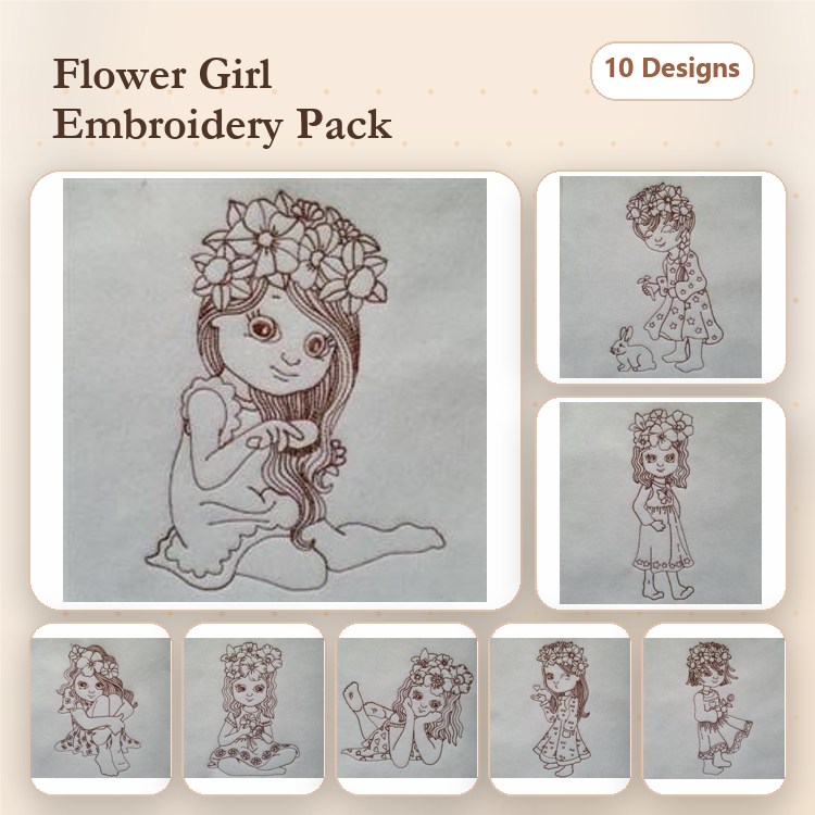 Redwork Flower Girl Embroidery Designs Bundle – Flower Girl with Flowers, Flower Girl Sitting, Flower Girl with Cat & More (10 Designs)