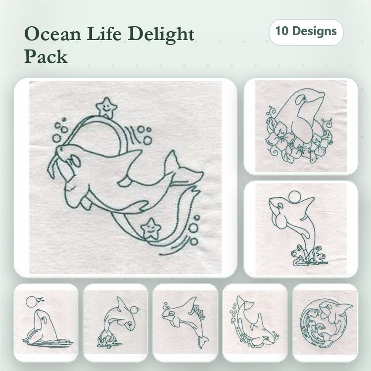 Ocean Life Embroidery Bundle – Dolphin in Waves, Fish with Bubbles, Seahorse Detail & More (10 Designs)