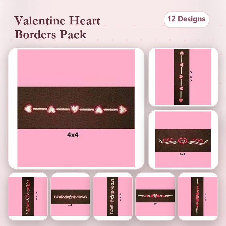 Valentine Heart Embellishments Embroidery Designs Bundle – Heart Border with Arrows, Cupid Heart Border, & More (12 Designs)