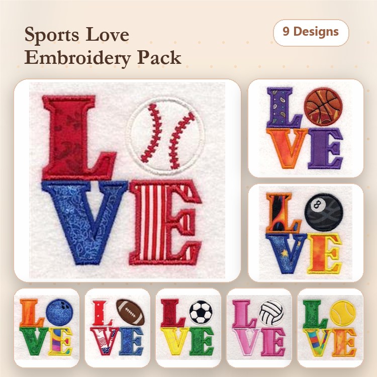 Applique Sports-themed Love Embroidery Bundle – Baseball, Basketball, Football & More (9 Designs)