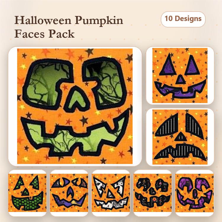 Halloween Pumpkin Faces Embroidery Designs Bundle – Happy, Angry, Scared, Silly & More (10 Designs)