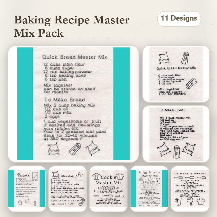 Baking Recipes Embroidery Designs Bundle – Quick Bread, Cookie Mix, Fudge Brownie & More (11 Designs)