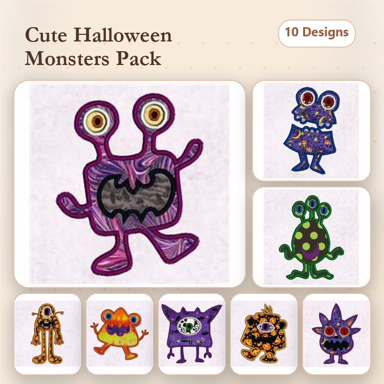 Applique Halloween Monsters Embroidery Designs Bundle – Purple Monster, Blue Monster with Cape, Green Frog Monster & More (10 Designs)
