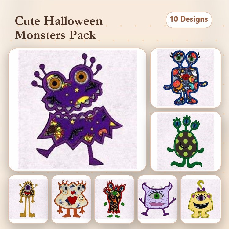 Applique Cute Halloween Monsters Embroidery Bundle – Purple Monster, Green Polka Dot Monster, Orange & Brown Monster & More (10 Designs)