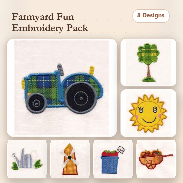 Farm and Garden Embroidery Designs Bundle – Tractor, Sun with Smile, Watering Can & More (8 Designs)