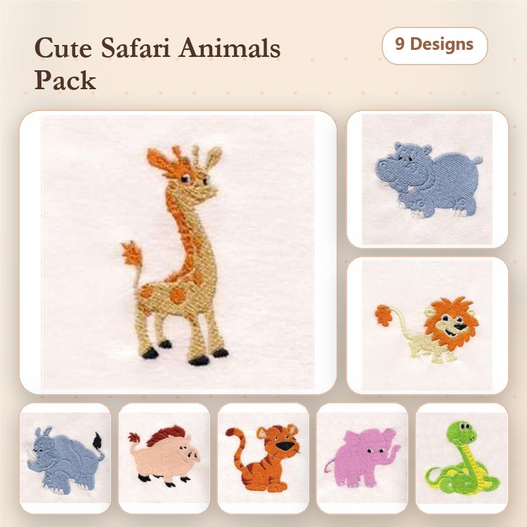 Safari Animals Embroidery Designs Bundle – Giraffe, Lion, Tiger & More (9 Designs)