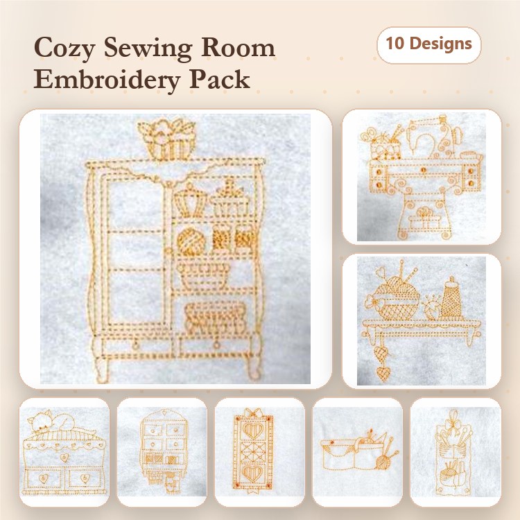 Redwork Cozy Sewing Room Embroidery Designs Bundle – Sewing Machine, Fabric Shelf, Quilt Rack & More (10 Designs)