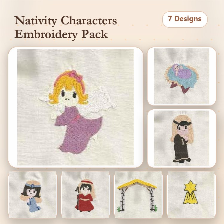 Nativity Characters Embroidery Designs Bundle – Angel, Mary, Joseph, Baby Jesus & More (7 Designs)