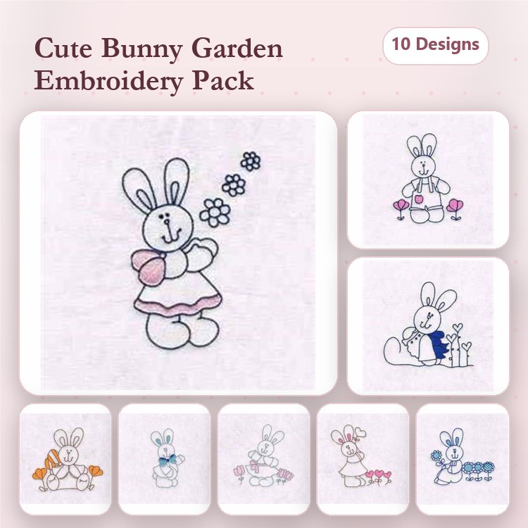 Cute Bunny Embroidery Bundle – Bunny with Flowers, Bunny in a Skirt, Bunny Holding a Flower & More (10 Designs)