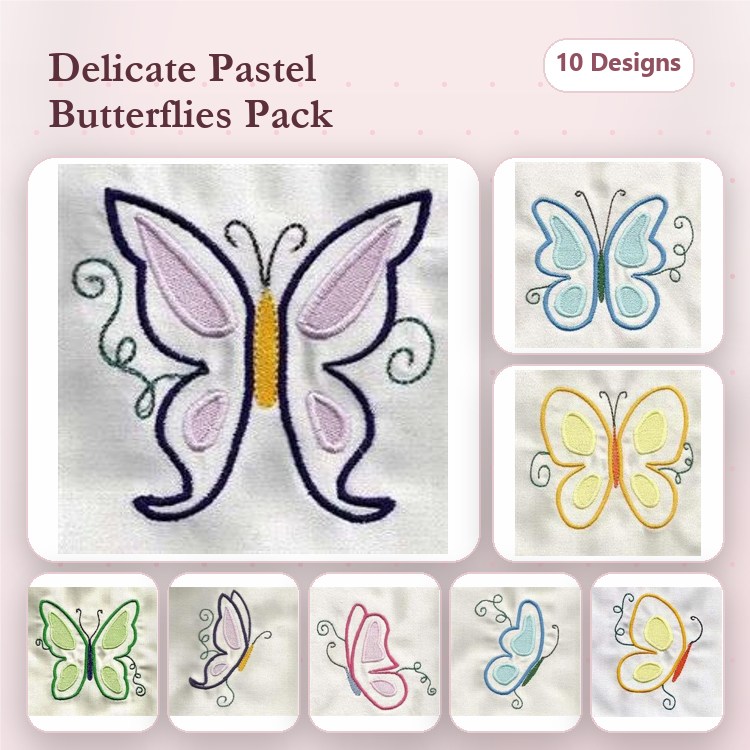 Pastel Butterflies Embroidery Designs Bundle – Butterfly with Swirls, Blue Pastel Butterfly, Yellow Butterfly & More (10 Designs)