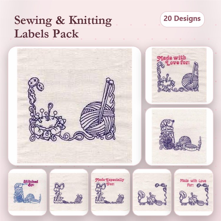 Redwork Sewing & Knitting Labels Embroidery Designs Bundle – Yarn with Knitting Needles, Made with Love, Knitting Cat & More (20 Designs)