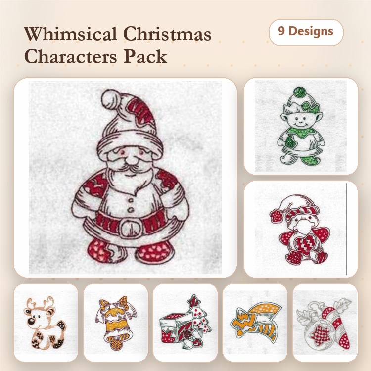 Redwork Whimsical Christmas Characters Embroidery Designs Bundle – Santa Claus, Christmas Elf, Reindeer & More (9 Designs)