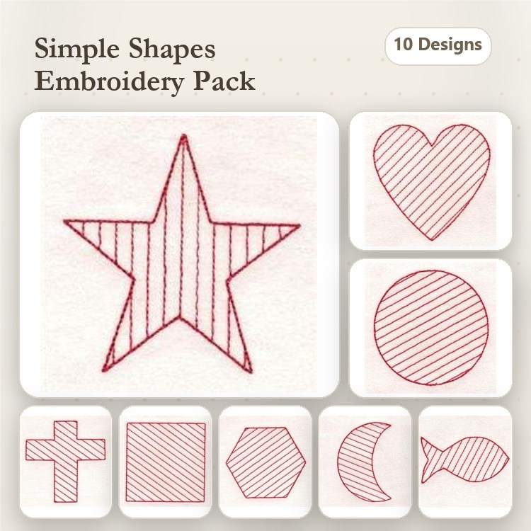 Redwork Simple Geometric Shapes Embroidery Designs Bundle – Star, Heart, Circle & More (10 Designs)
