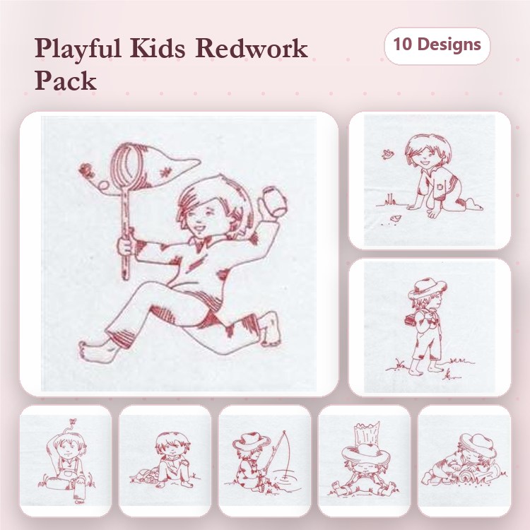 Redwork Playful Kids Activities Embroidery Designs Bundle – Child with Butterfly Net, Child Jumping, & Child Playing with Rocks (10 Designs)