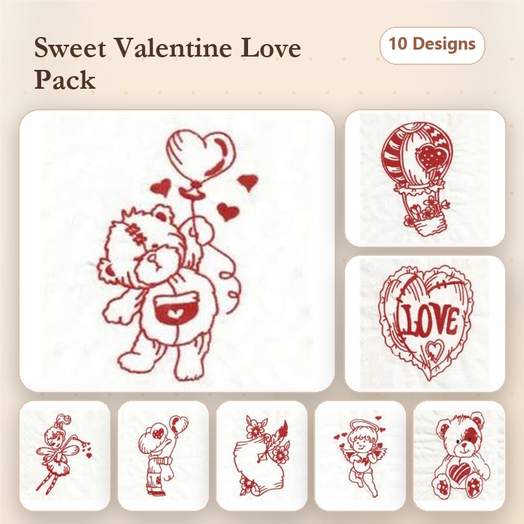 Redwork Valentine's Day Embroidery Designs Bundle – Teddy Bear with Hearts, Cupid with Bow, Love Word Art & More (10 Designs)
