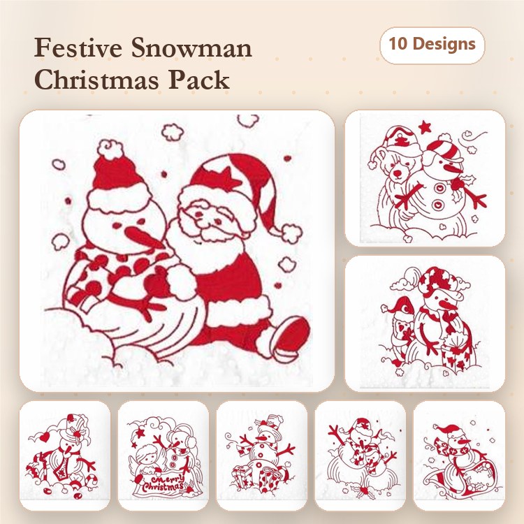 Redwork Snowman & Santa Christmas Embroidery Designs Bundle – Snowman Family, Santa with Snowman, Snowman with Heart & More (10 Designs)