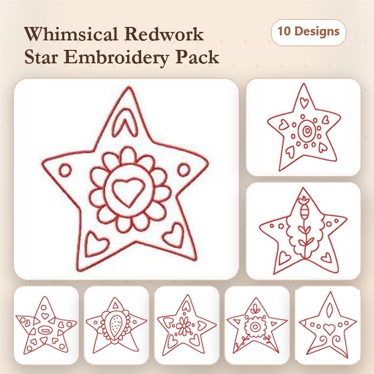 Redwork Star Embroidery Designs Bundle – Star with Heart Center, Decorative Star with Flowers, Floral Star with Hearts & More (10 Designs)