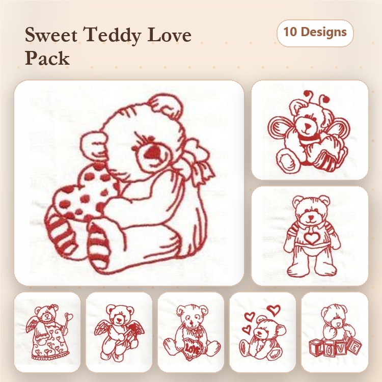 Redwork Teddy Bear Embroidery Designs Bundle – Teddy Bear with Heart, Teddy Bear Holding Balloon & More (10 Designs)