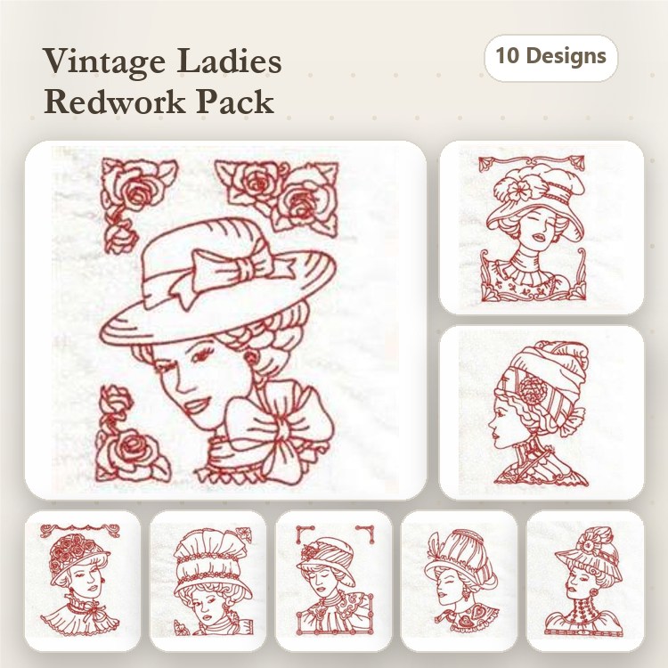 Redwork Vintage Ladies Embroidery Designs Bundle – Lady with Hat, Vintage Lady with Roses, & More (10 Designs)