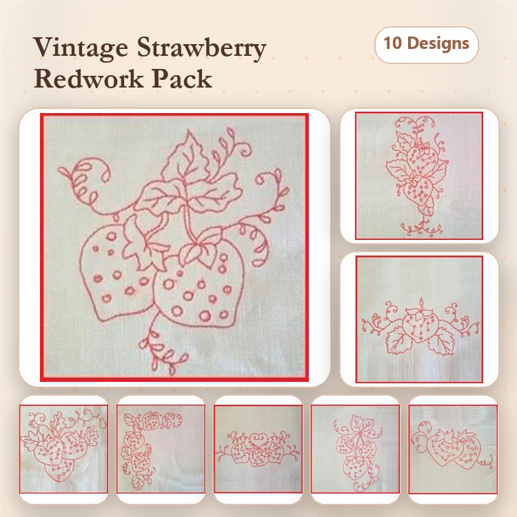 Redwork Strawberry Embroidery Designs Bundle – Strawberry with Leaves, Cluster of Strawberries, & More (10 Designs)