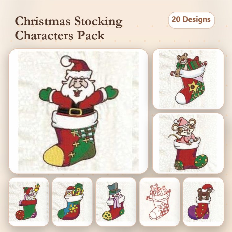 Christmas Stockings Embroidery Designs Bundle – Santa, Mouse, Bear, Snowman & More (20 Designs)