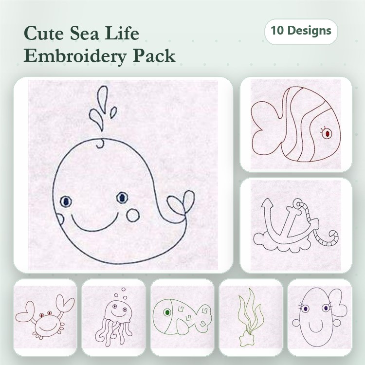 Redwork Cute Sea Creatures Embroidery Designs Bundle – Whale, Clownfish, Anchor & More (10 Designs)
