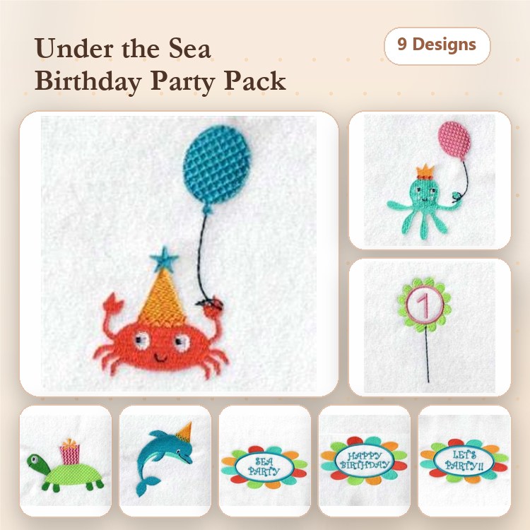 Under the Sea Birthday Party Embroidery Designs Bundle – Crab with Balloon, Octopus with Crown, Turtle with Cake & More (9 Designs)