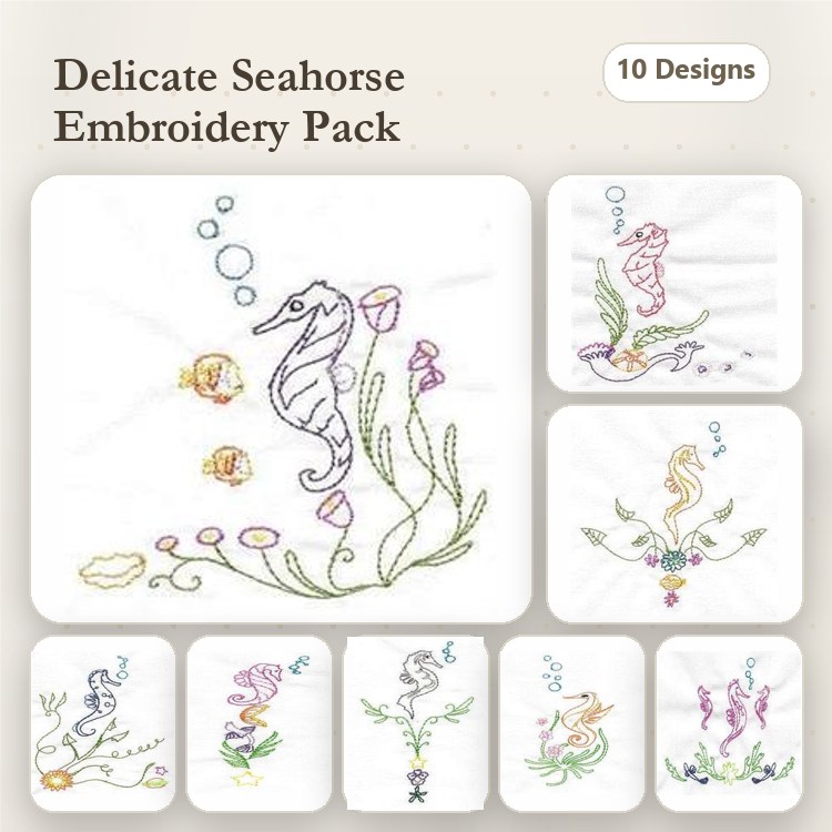 Redwork Seahorse Embroidery Designs Bundle – Seahorse with Bubbles, Seahorse and Coral, & More (10 Designs)