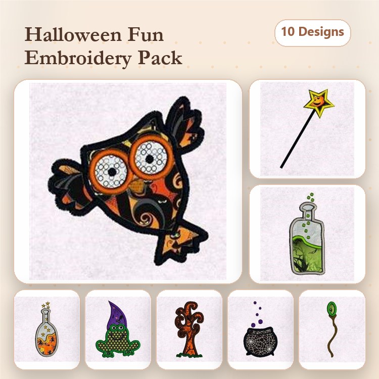 Applique Halloween Embroidery Designs Bundle – Owl with Orange Eyes, Magic Wand, Potion Bottles & More (10 Designs)