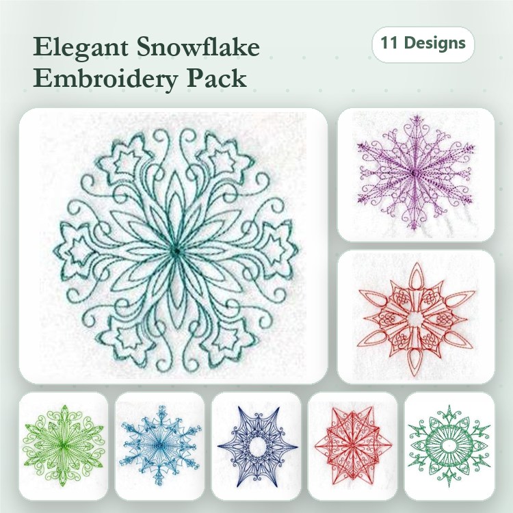Redwork Elegant Snowflakes Embroidery Designs Bundle – Snowflake Design with Leaves, Red Snowflake, Blue Snowflake & More (11 Designs)