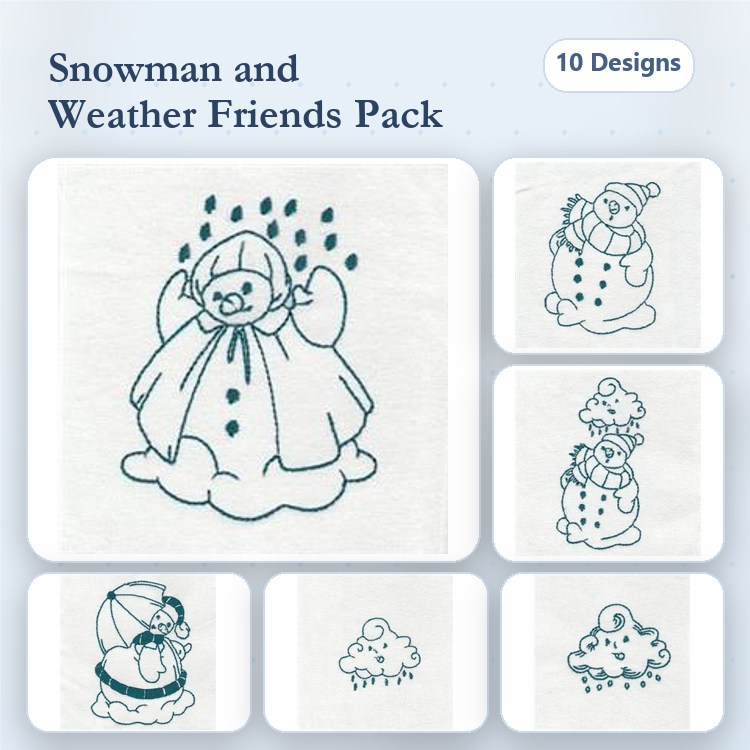 Redwork Snowmen & Weather Embroidery Designs Bundle – Snowman with Hat, Snowman in Rain, & More (10 Designs)